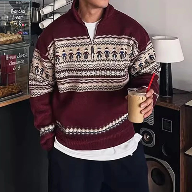 เสื้อสเวตเตอร์ถักลายกราฟิกวินเทจสำหรับผู้ชาย ฤดูใบไม้ร่วง ฤดูหนาว สวมใส่สบายๆ กลางแจ้ง แขนยาว เสื้อจัมเปอร์ถัก ทันสมัย มีซิปที่ปกเสื้อ