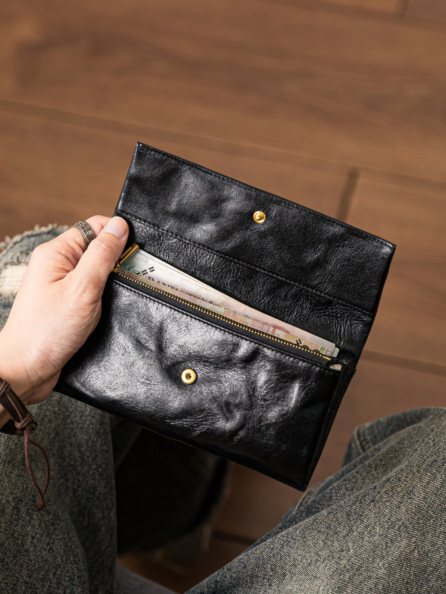 

fashion handmade first layer cowhide men's women's long wallet simple casual luxury genuine leather multi-card coin purse
