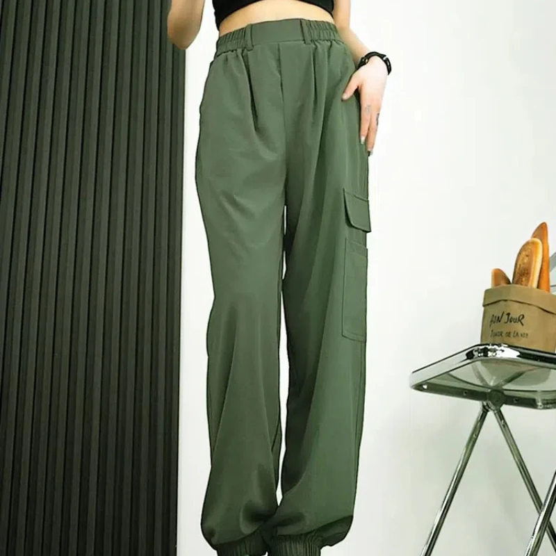 

Trendy Vintage Women's Clothing Solid Color Elastic Pockets Spring Autumn Trousers Bloomers Cargo High Waisted Cropped Pants