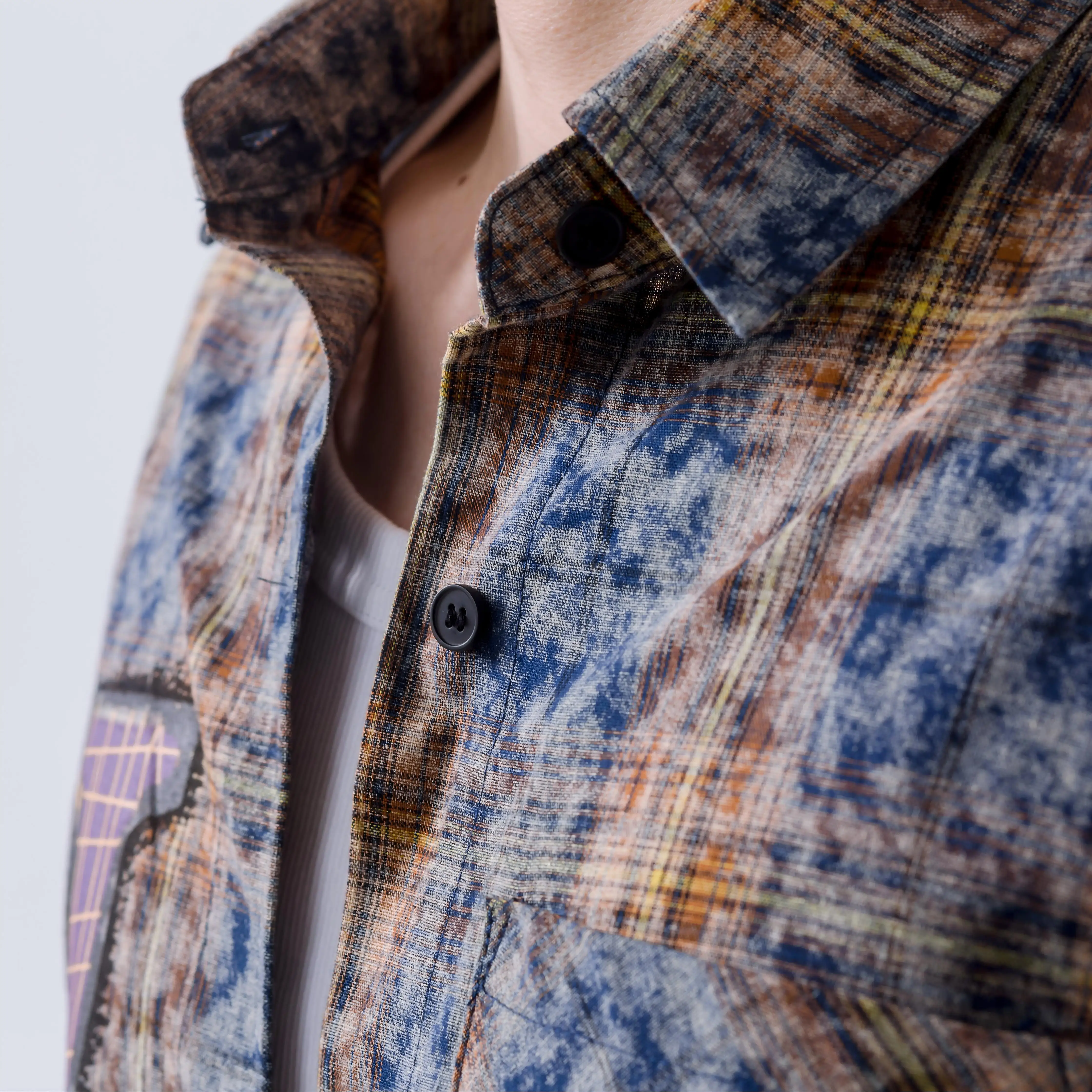 100% Cotton Vintage Plaid Shirt Long Sleeve Back Graphic Distressing Jacket Coat Hand Drawn Graffiti Distressing Shirt