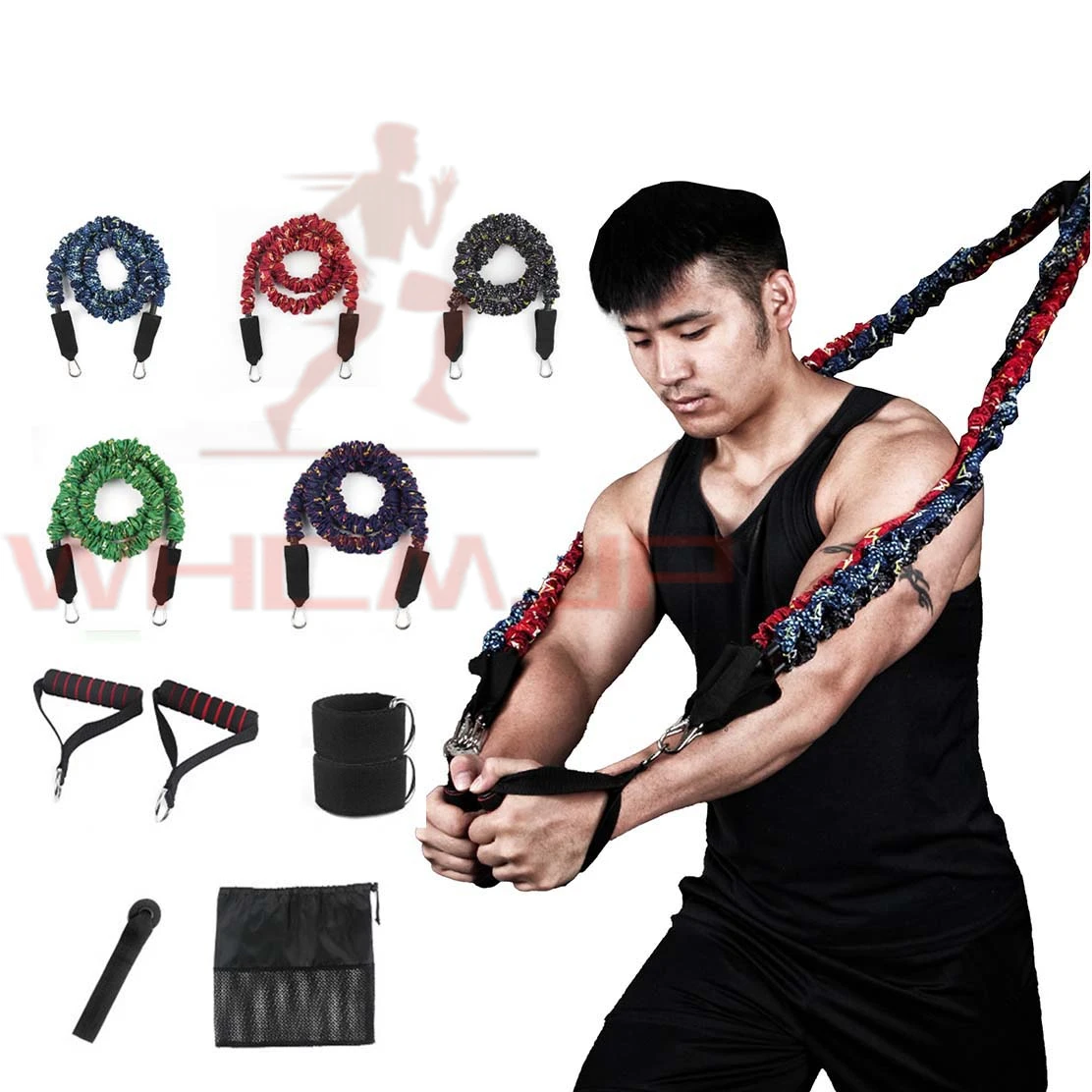 Resistance Bands 11pcs Set of 1 Door Anchor 2 Ankle Straps 5 Elastic Belt With Different Tension and 2 Handles a Storage Bag