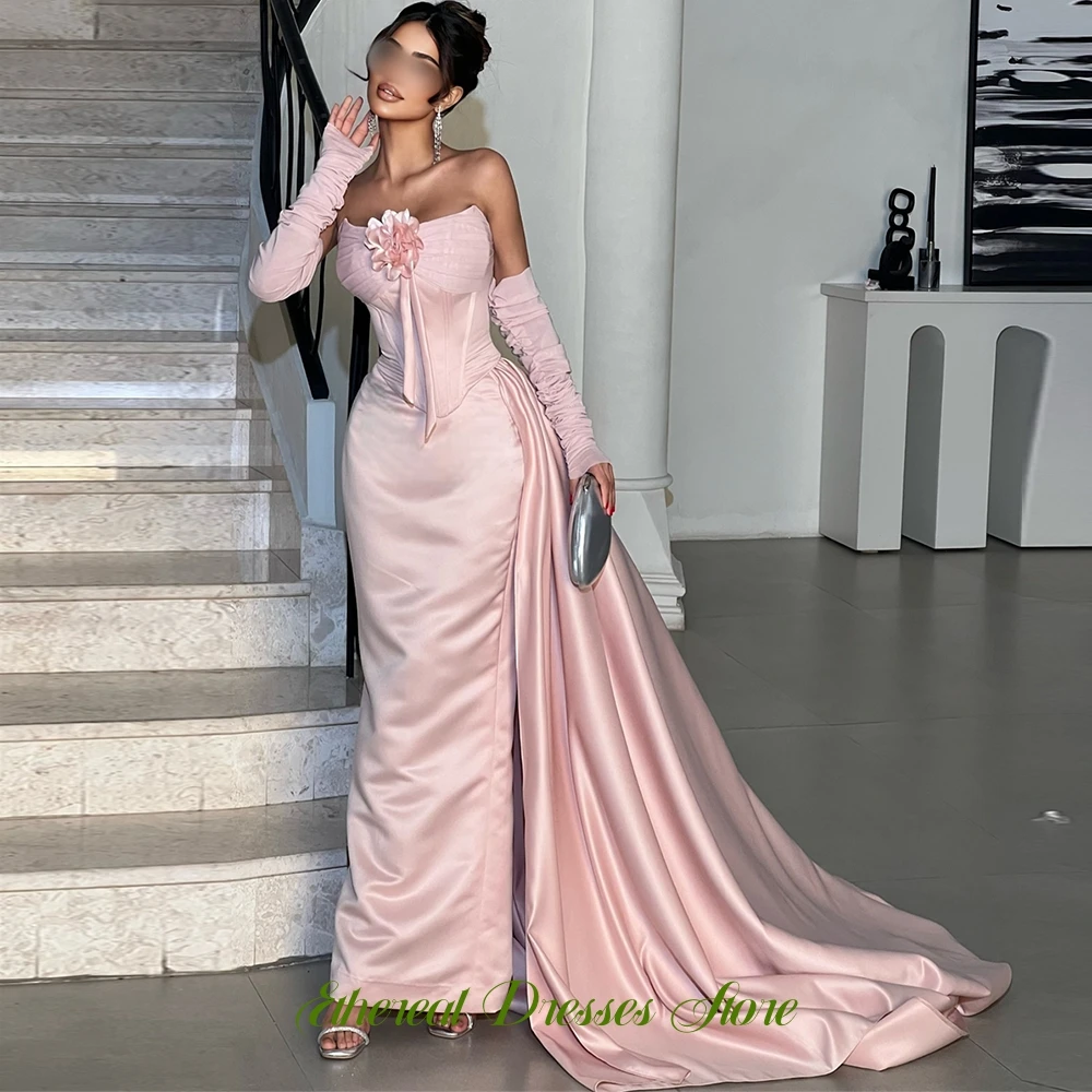 Vestido de noche sin tirantes de lujo, exquisito tren capilla, vestidos de fiesta de satén, flores delicadas, vestidos personalizados para ocasiones especiales