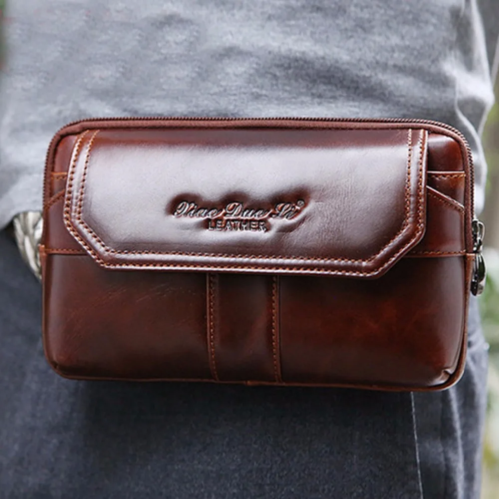 

Genuine Leather Men Clutch Fanny Waist Pack Bag Cell/Mobile Phone Case Oil Wax Cowhide Male Wallet Handy Purse Hip Bum Belt Bag