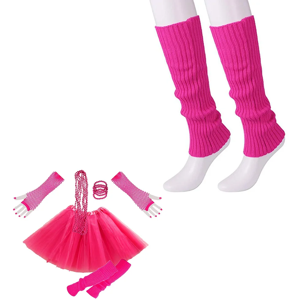 طقم ملابس تنكرية للحفلات تنورة شبكية من الشيفون باللون الأحمر الوردي فستان بتصميم مرن للفتيات على طراز 80S 70S إكسسوارات تنكرية