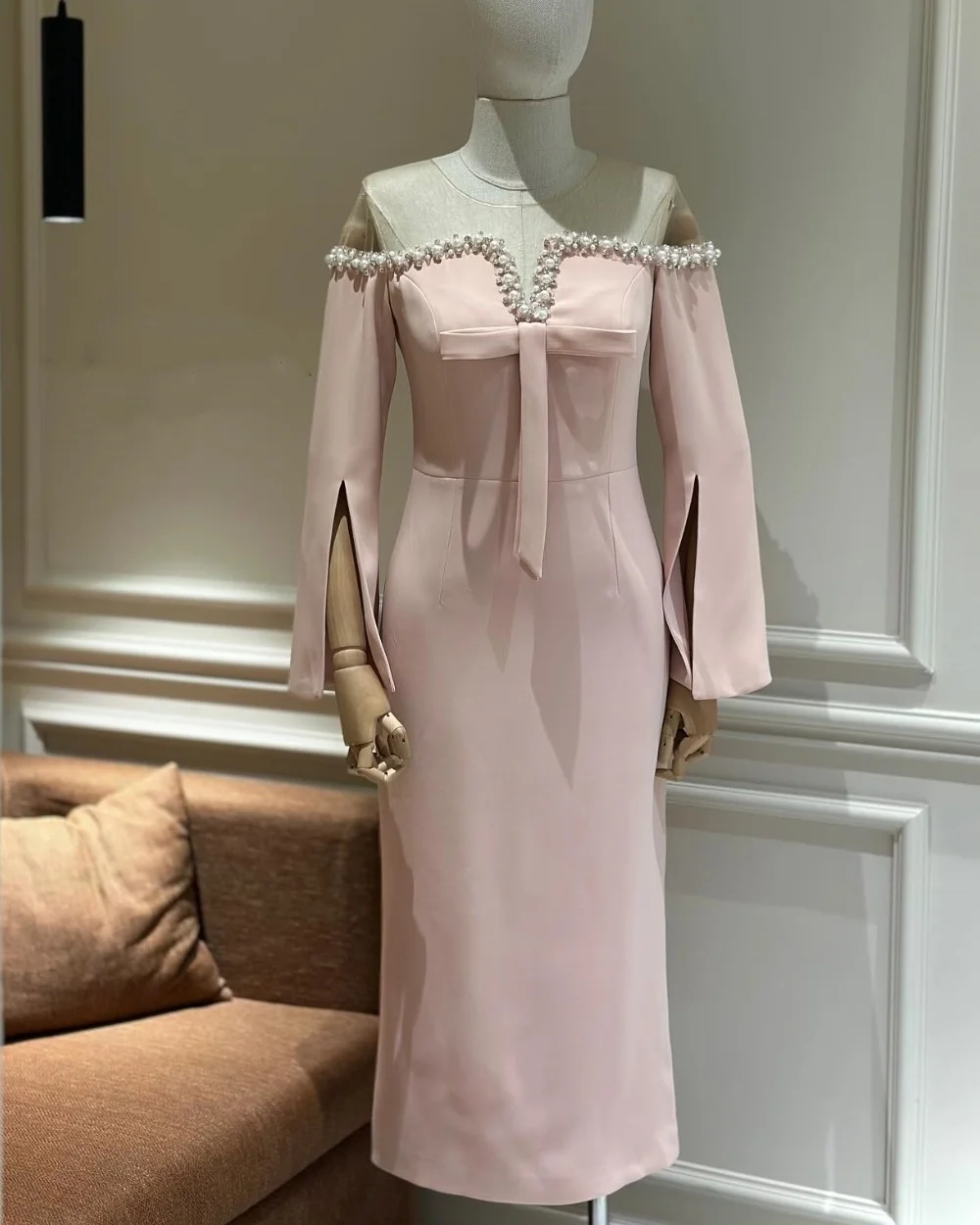 

Customized Fashion Jersey Pleat Pearl A-line Off-the-shoulder Midi Dresses Bespoke Occasion Chinese Style Matching