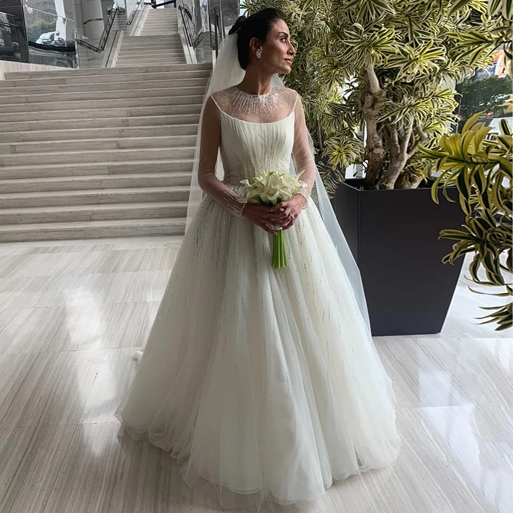 

Luxury Brides Dress Beading O Neck Mesh Tulle Long Sleeves Wedding Dresses Ivory A Line Floor Length Princess Bridal Gowns Long