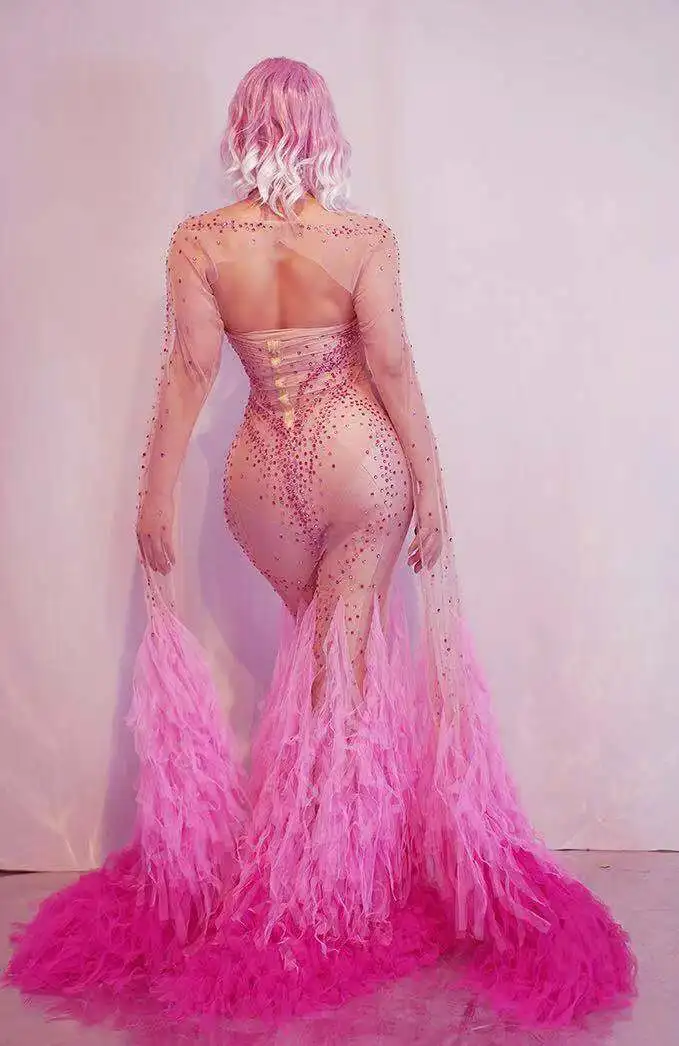 Pink Diamond Tassel Fishtail Sheer Mesh Dress Sexy See Through  Debut Gown Evening Dresses Celebrate Theme Party Dresses