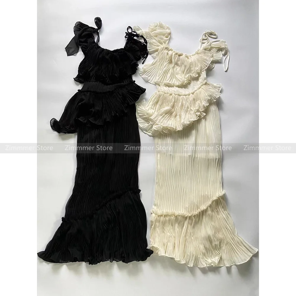 Niche retro design pleated ruffled ribbon bevel irregular vest top + hip skirt long suit