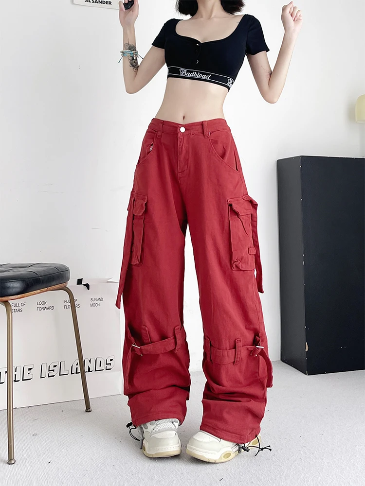 Women's Red Cargo Pants Baggy Streetwear Harajuku Japanese 2000s Style Pants Y2k Parachute Pants Vintage Trousers Clothes 2024
