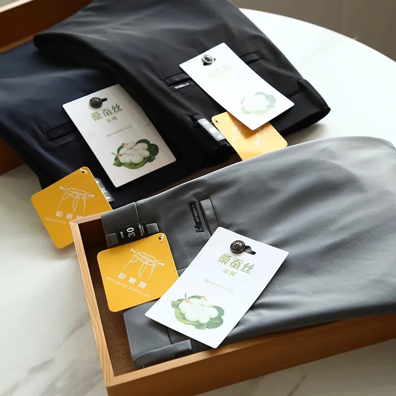 

High-End Silk Series Men's Busin Commuter Casual Pants Smooth iny Straight Leg Long Trousers for Spring Summer