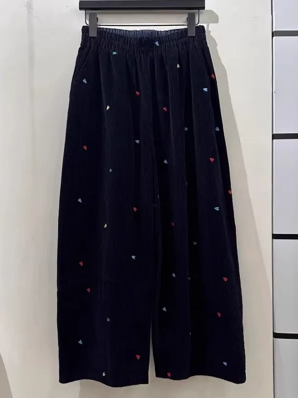 

Широкие брюки с эластичной талией и вышивкой в виде сердца, весенне-осенние модные вельветовые длинные брюки для мужчин и женщин