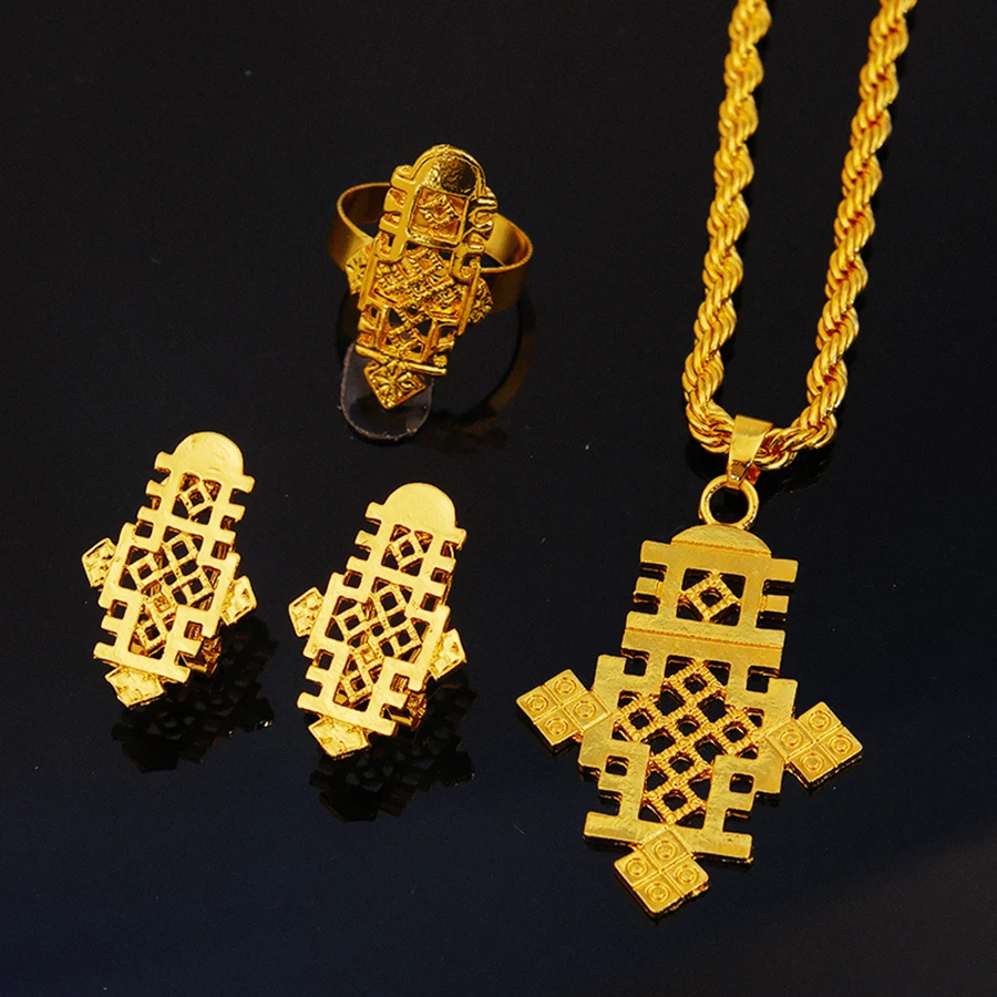 Hot Ethiopian Jewelry Sets Coptic Crosses Pure Gold Color Sets Nigeria Eritrea Kenya Habesha style