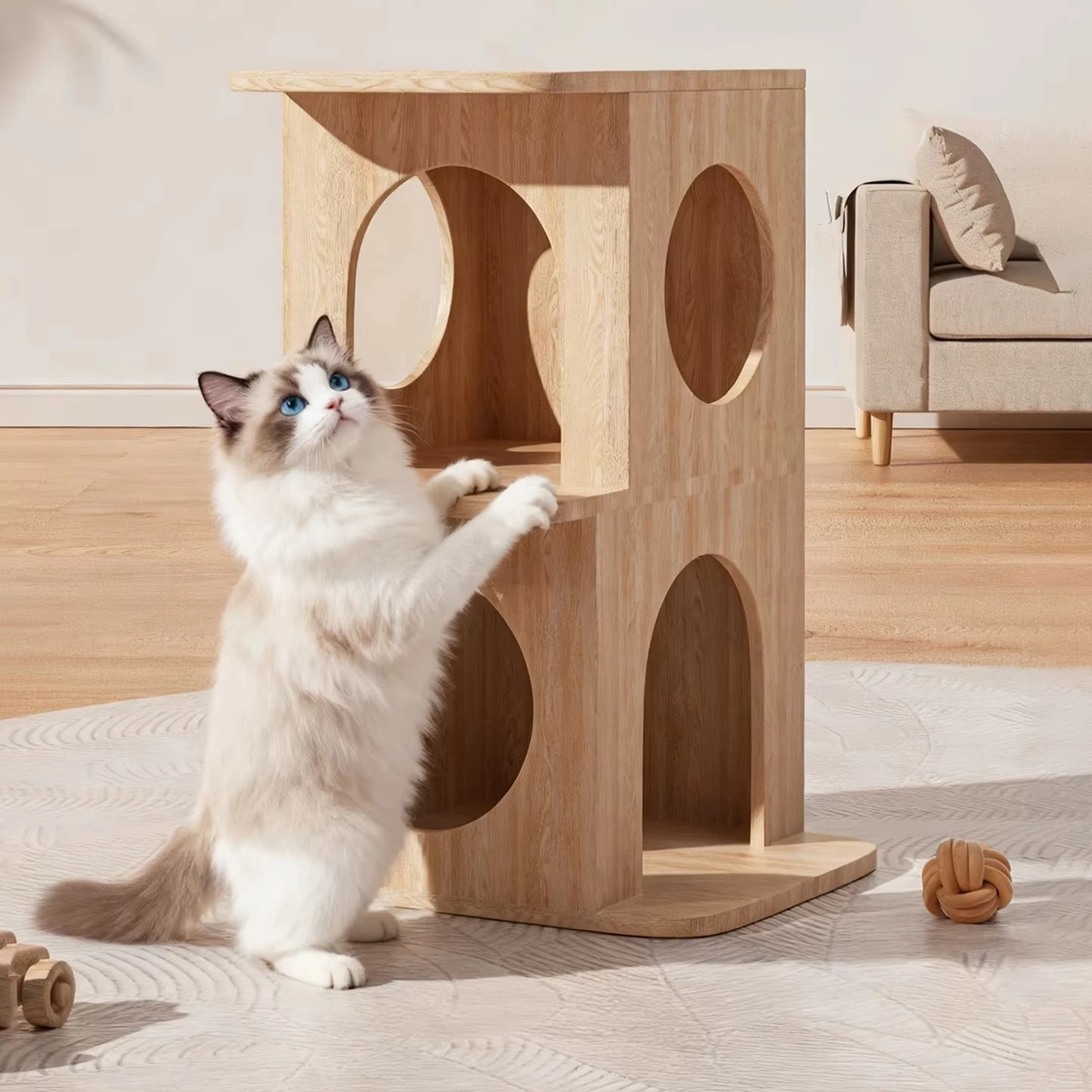 Modern Eco-friendly Solid Wood Cat Tree Two-Level Cat Bed Jumping Platform All-in-One Compact Design Small Spaces Cat House Toy
