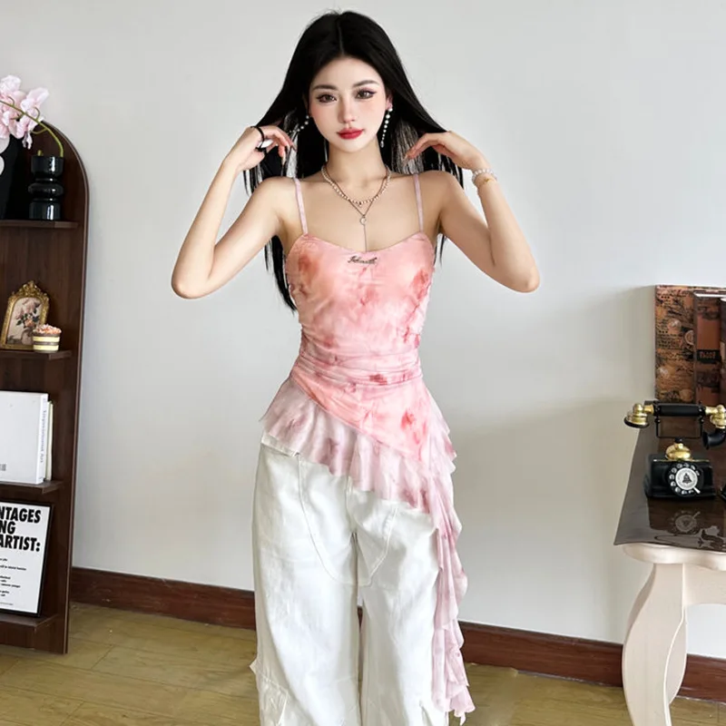 2025 New Sweet Slim Fashion Vest Women Summer Trend Shoulder Baring Shaped Waist Backless Ruched Ruffles Ribbon Print Streetwear