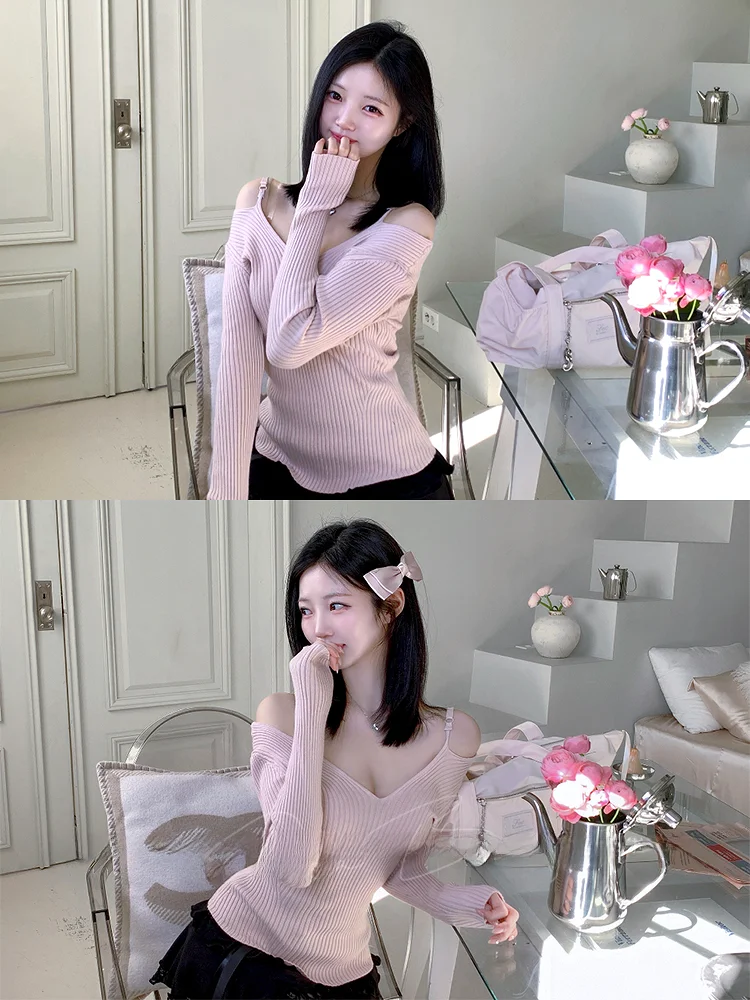 

Сексуальный вязаный женский топ с открытыми плечами, длинными рукавами и V-образным вырезом, мягкий, дышащий, комфортный, для повседневной носки и свиданий, китайского производства.