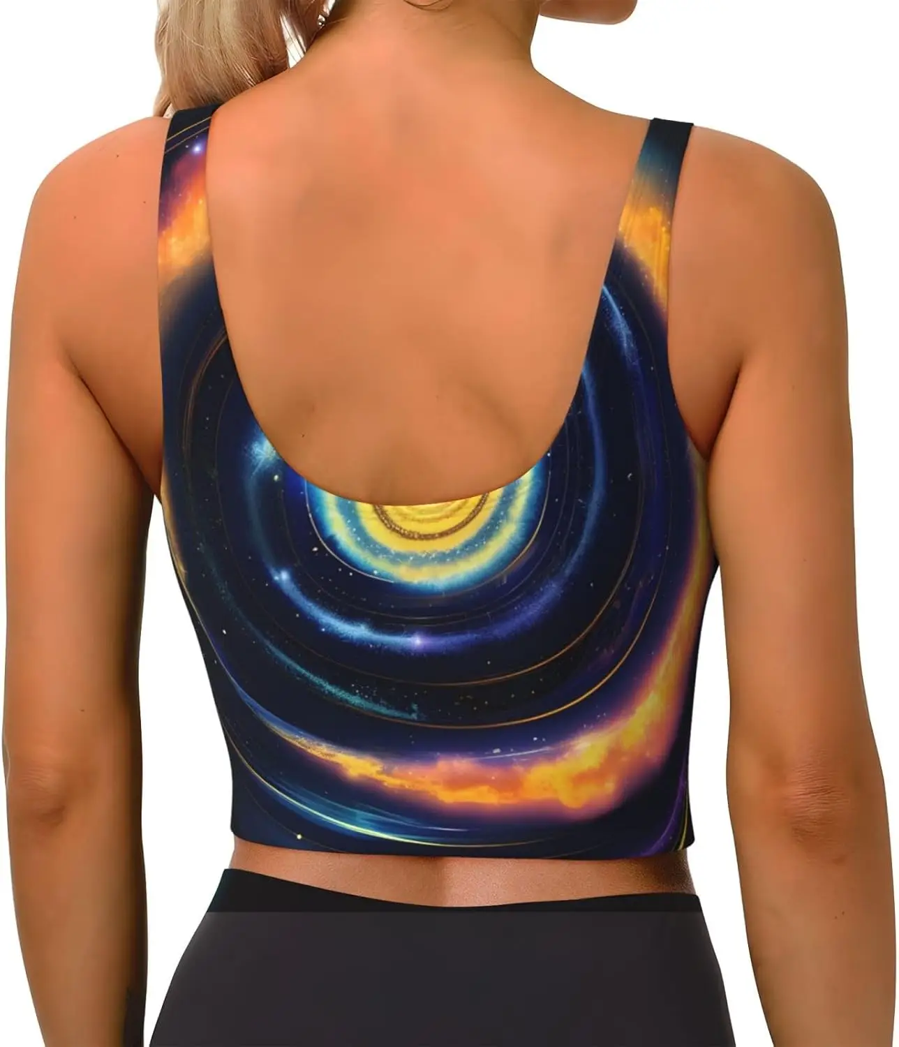 レディース スペース スパイラル コズミック エネルギー プリント スポーツ タンク トップ、取り外し可能なパッド付き軽量ヨガ ベスト