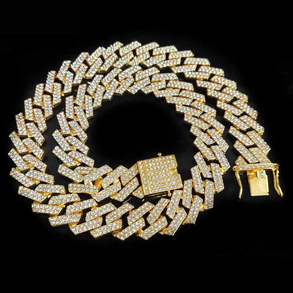 Hip Hop Shiny 20mm Cuban Link Chain Hip Hop Men Necklace iced out paris chain 2 Row Rhinestone Paved Miami Rhombus  men Necklace