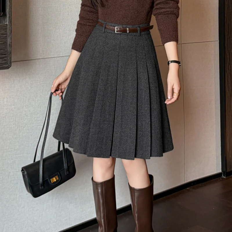 Seoulish Vintage Women Woolen Pleated Skirts with Belt 2026 Autumn Winter Korean Style High Waist A-line Knee Length Midi Skirt