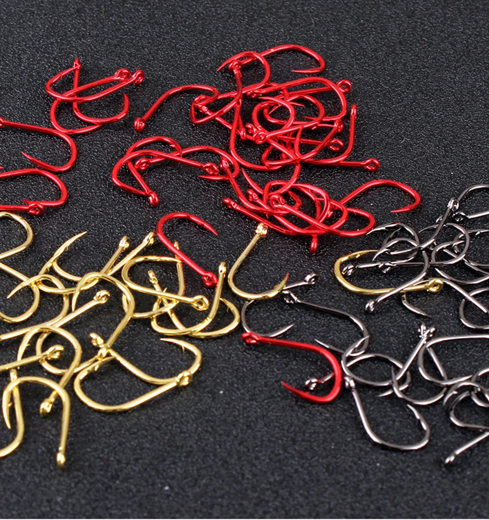 FTK 50–100 Stück goldene Angelhaken aus Kohlenstoffstahl 1 # -12 # Widerhaken mit ringierten Augen, roten Angelhaken für Karpfenangelgeräte – Detail 11