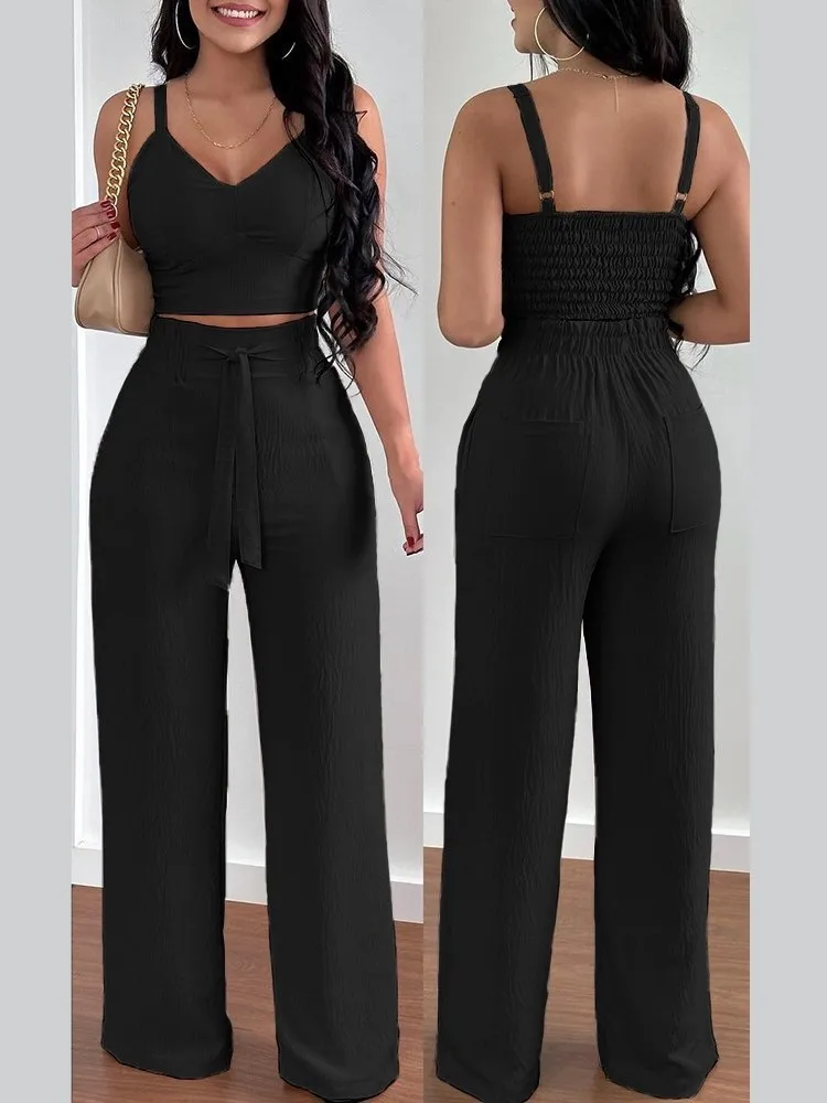 Fashion Women Print Halter V-Neck Short Tank Suit Tops Long Pants Matching Set Summer Casual Female Slim Pants Two Piece Sets