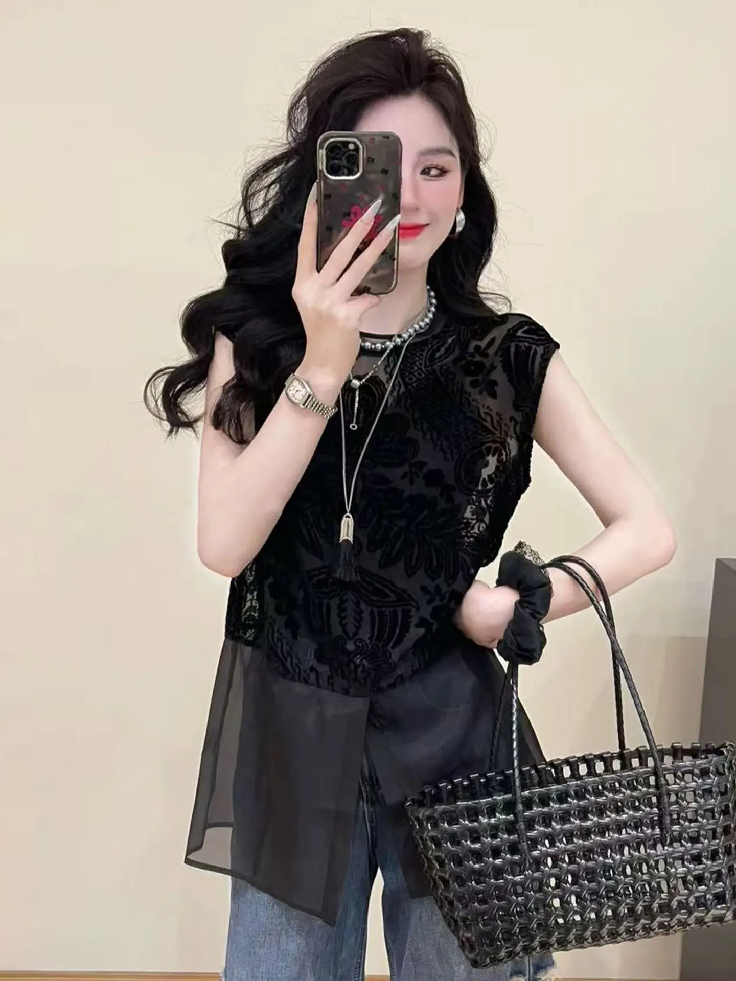 

Ele Lace irt Me Splicing Women's Faion Spring Summer ort Sve round Ne Straight Cut Office Commute Sle