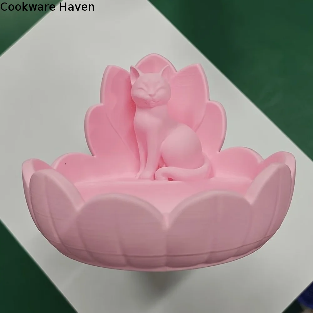 Cute Lotus Cat Jewelry Storage Tray Lotus-Shaped Stable Base Cosmetic Storage Dish Plastic 3D Printed Key Storage Bowl