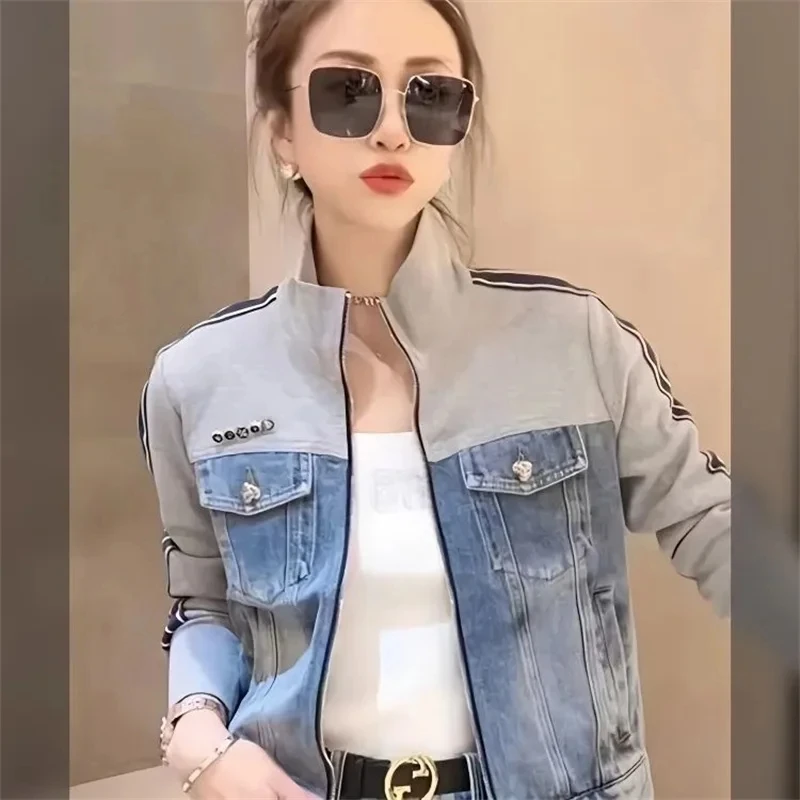 2024 New Spring Autumn Vintage patchwork Denim Jacket Women\'s Korean Slim zipper Short Standing Collar Long Sleeved Jeans Top