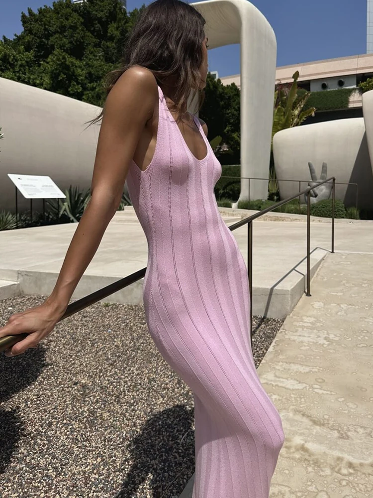 JULISSA MO Knit Sexy Backless See Through Women Maxi Dress Pink Sleeveless High Waist Dress Summer New Vacation Casual Beachwear