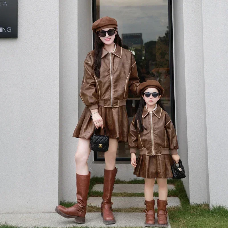 2024 Mom and Daughter Matching Fashion Clothes Korean Mummy and Me Shirts Jacket Skirts Sets Mother Daughter Equal Clothing