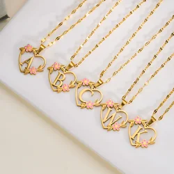 Stainless Steel Love Heart A-Z Letter Necklace Lady Lover Necklace Flower Pendant Initials Fashion Jewelry Valentine's Day Gift