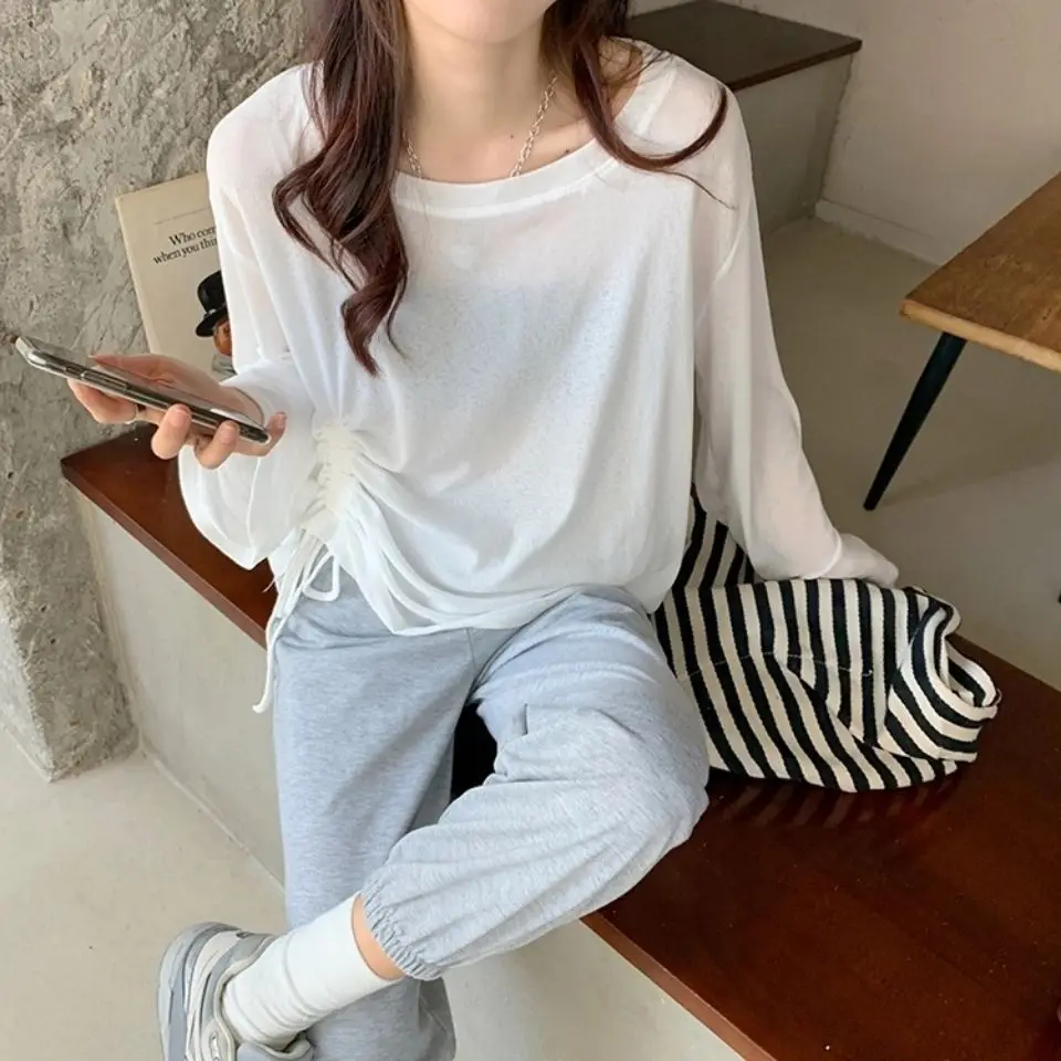 2024 Spring New Ice Shreds Knitting Women Summer Loose Round Neck Drawstring Long Sleeved Thin Style Solid Color Casual Tops