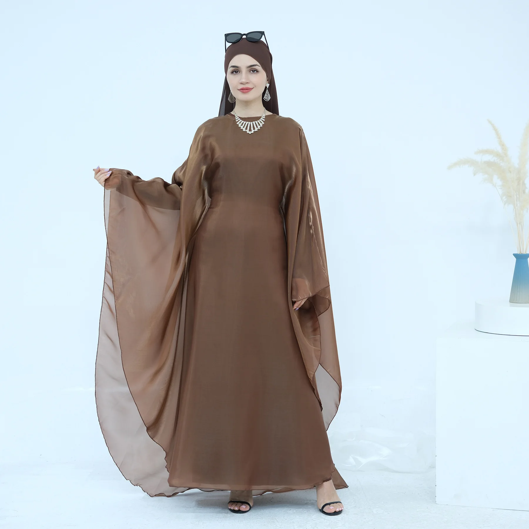 Zweiteiliges Set für Damen, Abaya + Hijab-Set, modisch, Übergröße, langes Kleid, muslimische islamische Kleidung mit Innenkleid, Schal-Anzug