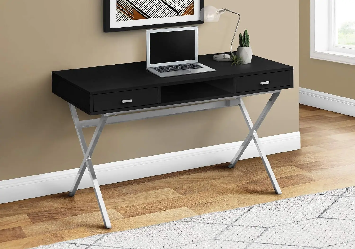 Computer Desk with Drawers & Open Shelf Metal Legs 48 Inch L Black Chrome, Customized