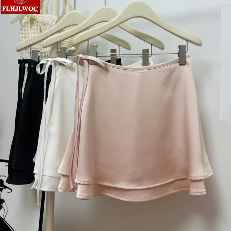 FLHJLWOC Cute Mini Skirts Women’s A-Line Mini Skirt White French Chic Lolita Style Girls Bow Tie Lace-Up High Waist Flared Skirt