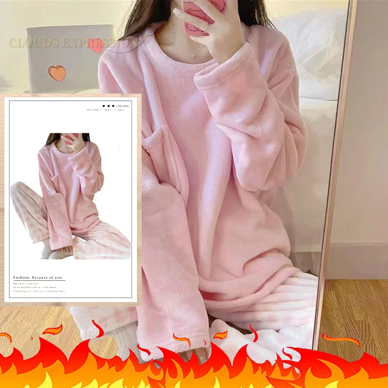 Conjuntos de Pijamas de franela para Mujer, ropa de dormir de terciopelo con estampado de lunares, ropa de casa Kawaii Girsl, Otoño e Invierno