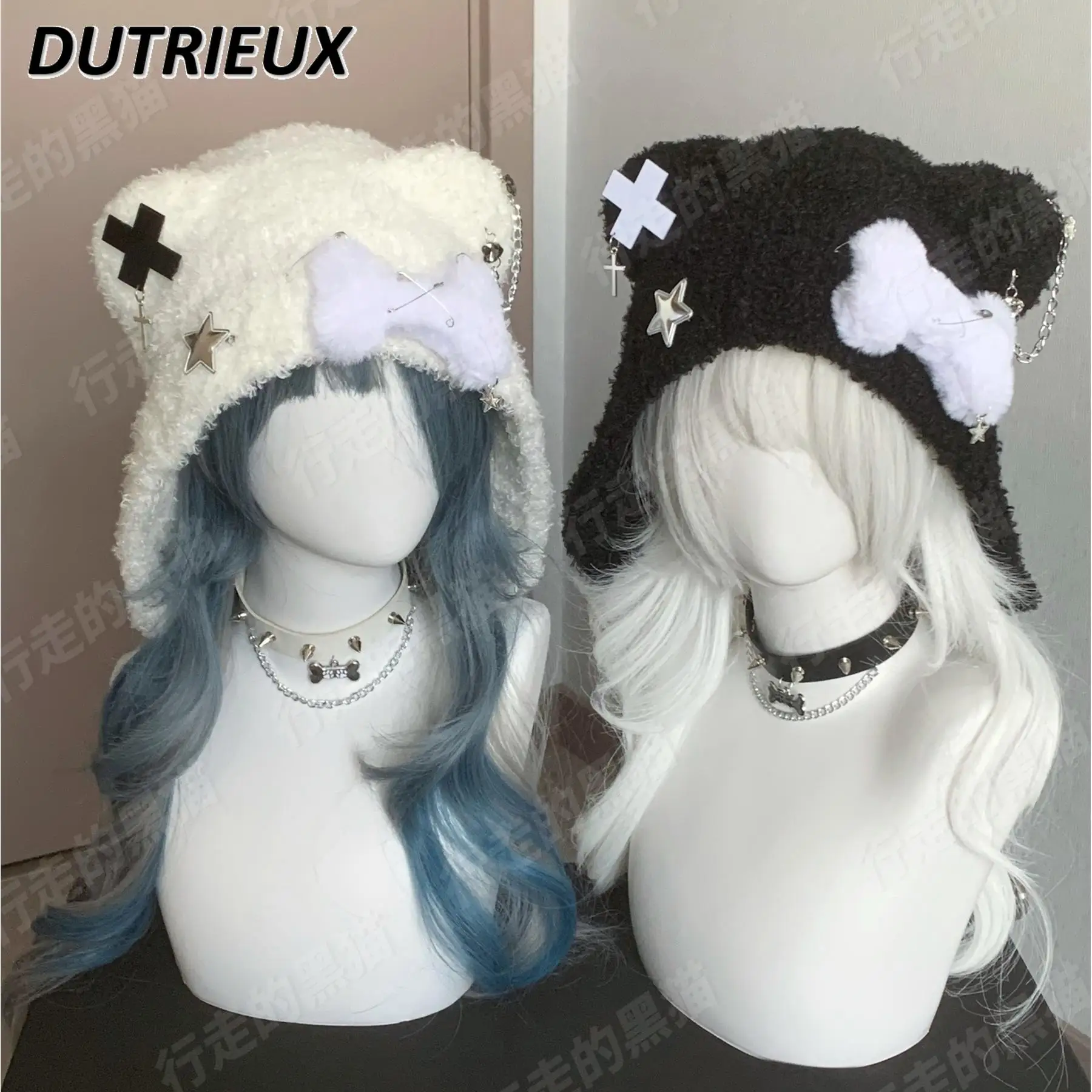 Japanese Original Sweet and Cute Metal Decoration Solid Color Pullover Hat Winter New Y2k Girls Warm Out Wool Hats Beanie Caps