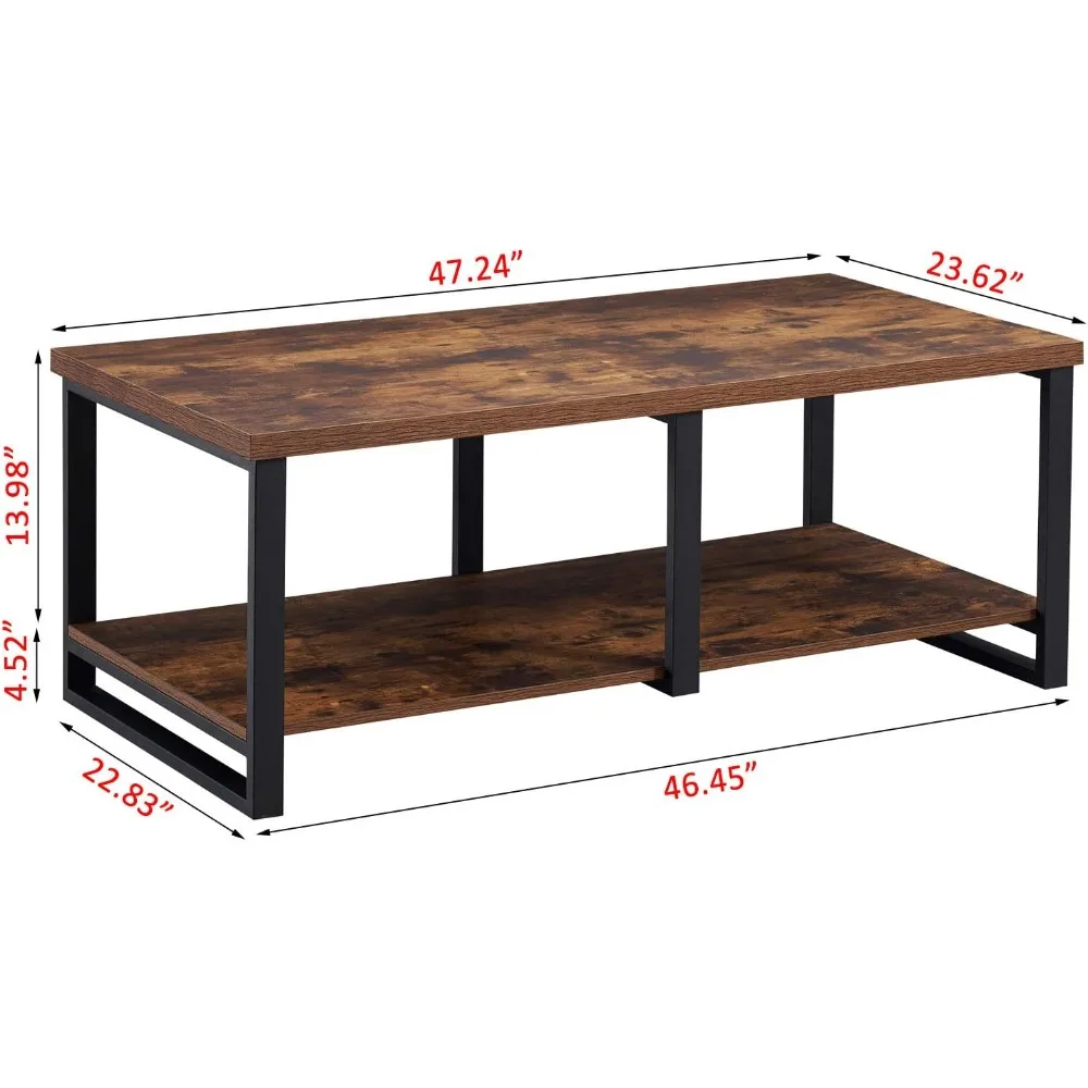 Industrial Coffee Table for Living Room, Sturdy Wood and Metal Cocktail Table with Open Storage Shelf, 47.2 inch Rustic Brown