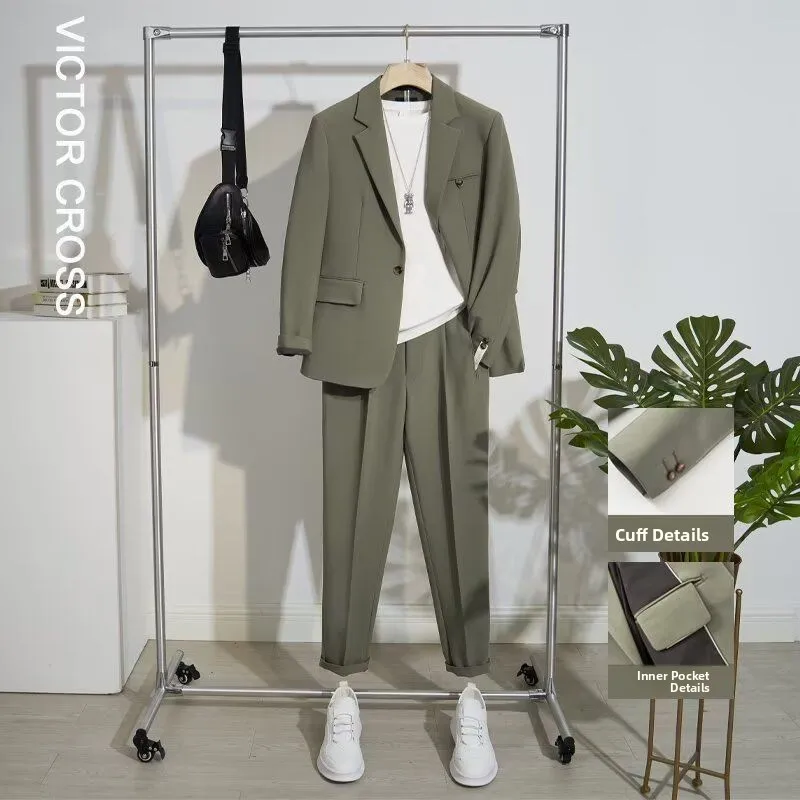 2026 New Casual Suit Set Men's Stylish Korean Version Trendy High-End Simple Handsome Western Coat Standard Fit Polyester Fiber