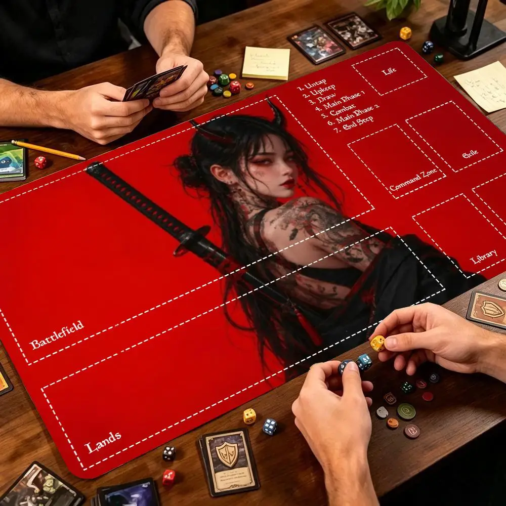 Anime Samurai Warrior Girl Large Extended Game Playmat Non-Slip Rubber Stitched Edges For Trading Card Game Gaming Desk Setup