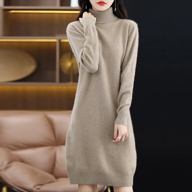 Autumn Winter New Women\'s 100% Mink Cashmere High Back Collar Pullover Slim Fit Fashion Long Sweater Casual Long Sleeve Dress