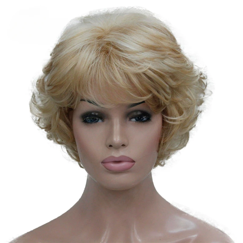 Short Thick Wavy Blonde Highlights Full Synthetic Wig Women's Wigs