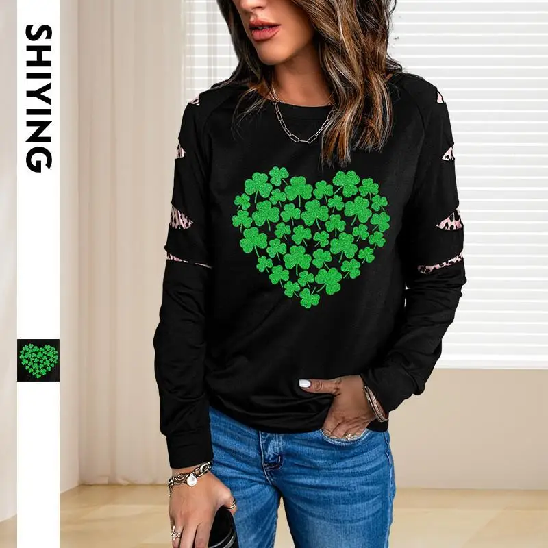 Women's Oversized Long Sve Hoodie Print Design Four Le Clover Heart aped Leopard Pattern Autumn New Sle Top