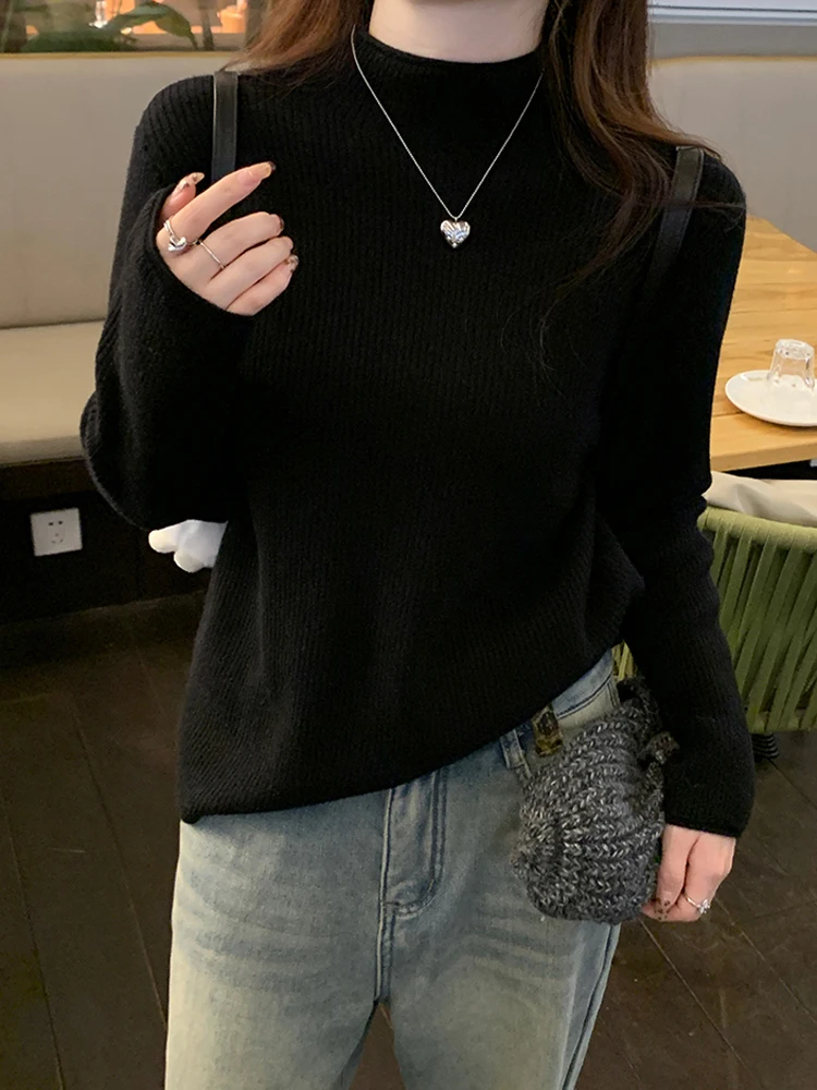 الخريف/الشتاء سميكة المخملية قاعدة سترة جديدة أنيقة بلون محبوك سترة عادية نصف عالية الياقة طويلة الأكمام المرأة سترة #6