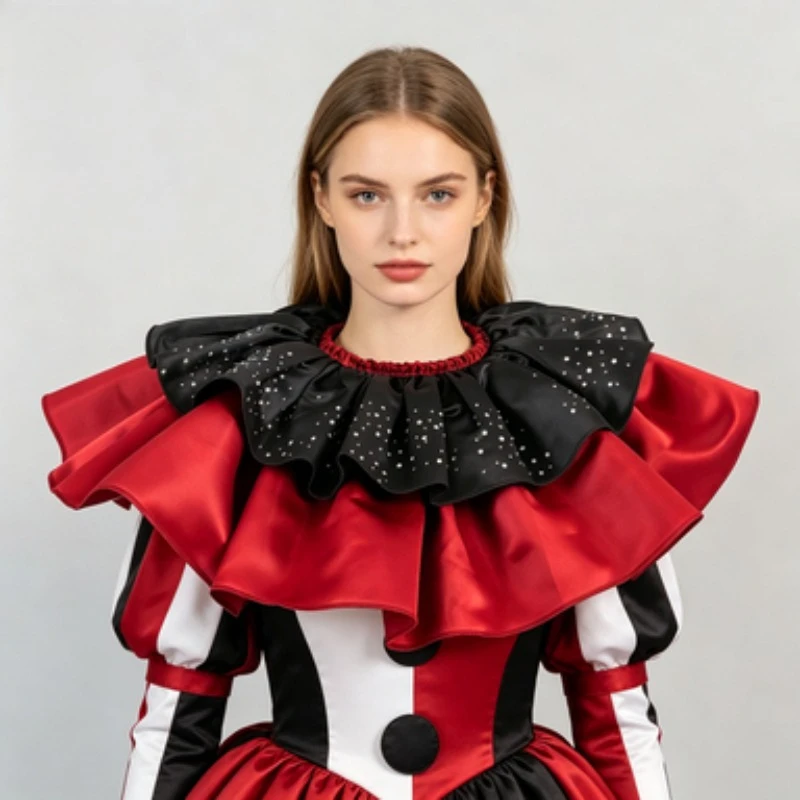 Red‑Black Contrast Satin Fake Collar Double Ruffle Rhinestone Decor Neck Collar For Stage Photoshoot Costume Accessory