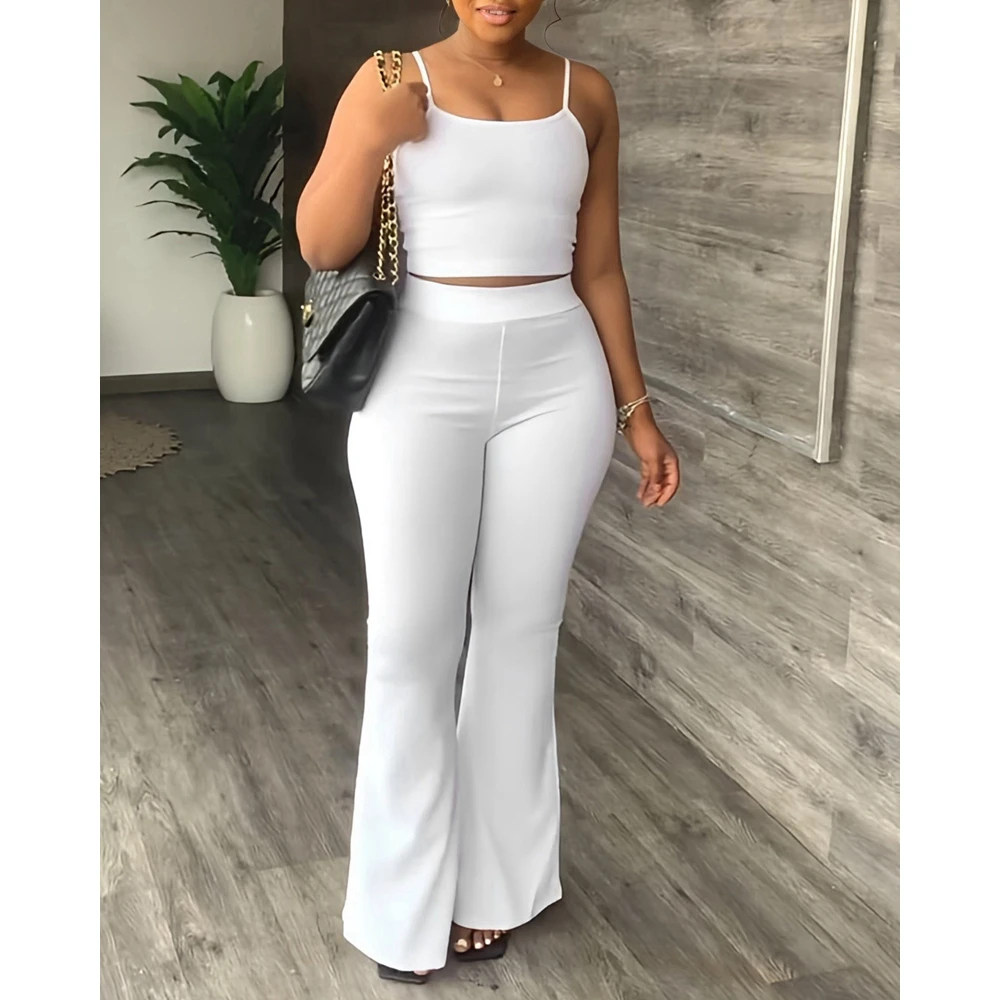 Women Spaghetti Strap Crop Top & High Waist Flare Pants Set Casual Solid Two Piece Suit Sets Women Outfits Set Summer Outwear