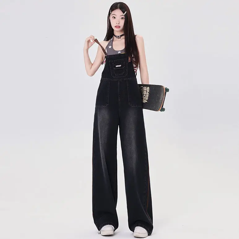 Retro Jumpsuit Jeans Women Loose 2024 Summer Preppy Style  Blue And Black Wide Leg Trousers  Korean Casual Denim Overalls Women