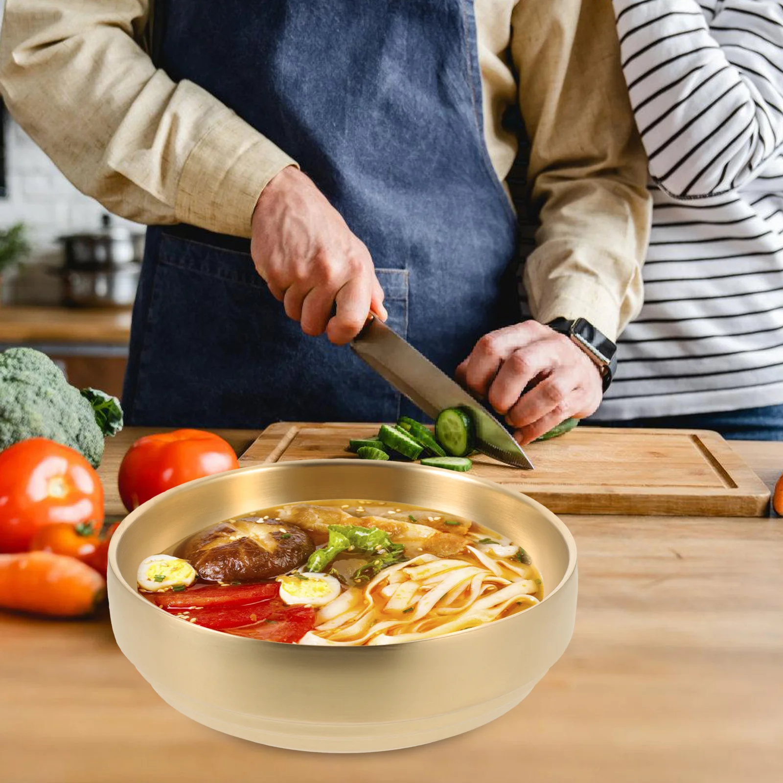 

Stainless Steel Cold Noodle Bowl Large Soup Single Layer Kitchen Tableware Golden Ramen Mixed Rice Dining Accessories