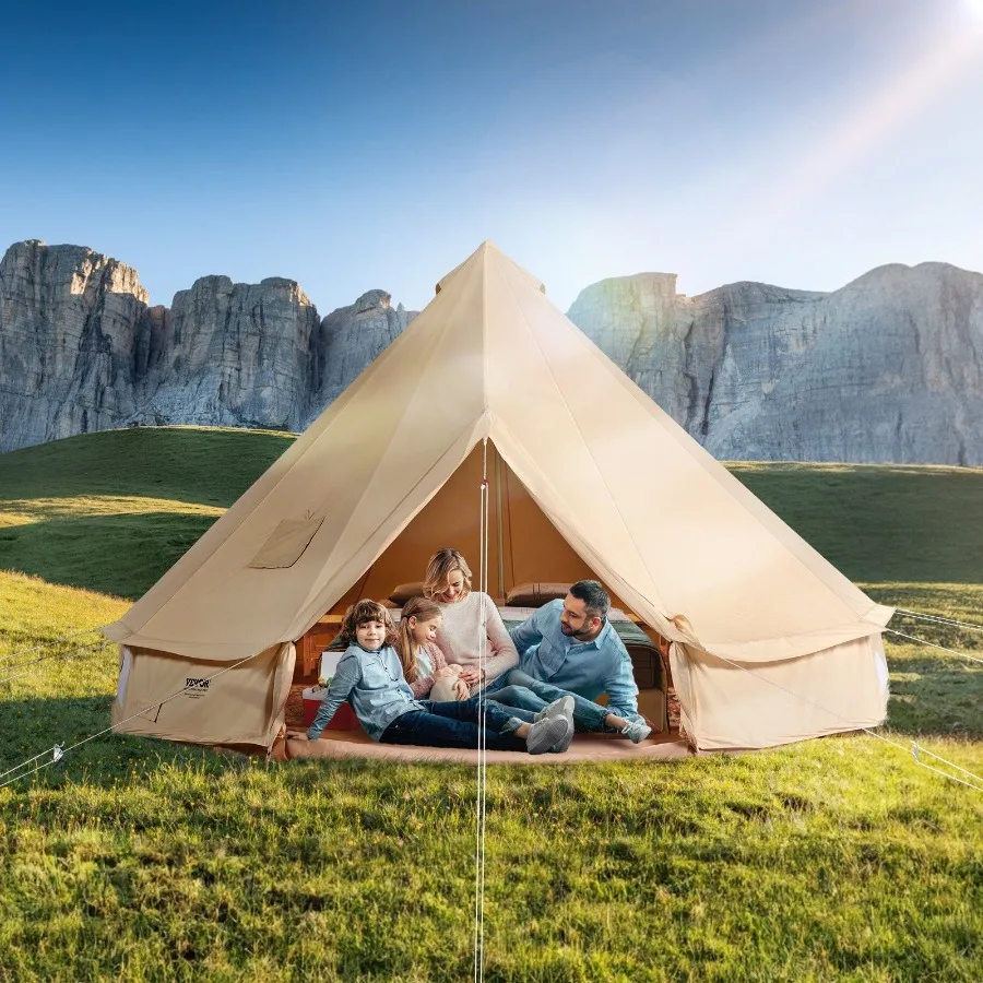 

Палатка-тент Canvas Bell Tent 4 сезона, 4 м/13,12 футов, юрта для кемпинга с отверстием для печи, дышащая, из коричневого брезента, вмещает до 6 человек
