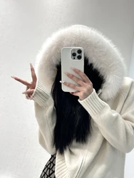 Winter Faux Fur Knitted Sweater with Hooded Woman Zipper Casual Long Sleeve Cardigan Coats Outwear Fashion Warm Jumper Vintage