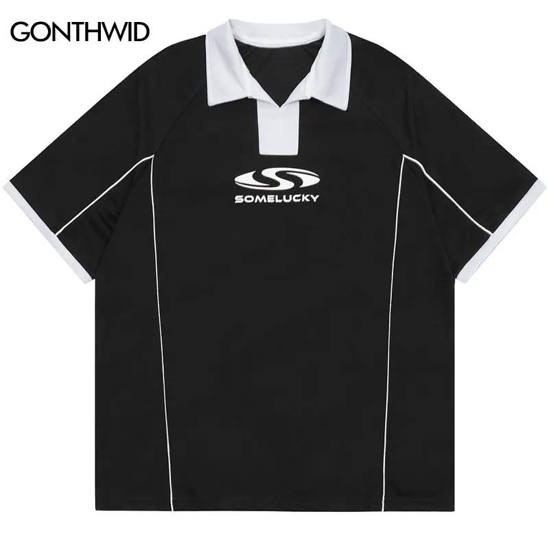 

Men Sports Polo Shirts Y2K Harajuku Retro Loose Short Sleeve Shirt Streetwear 2024 Hip Hop Vintage Casual Tshirt Tops Black Pink